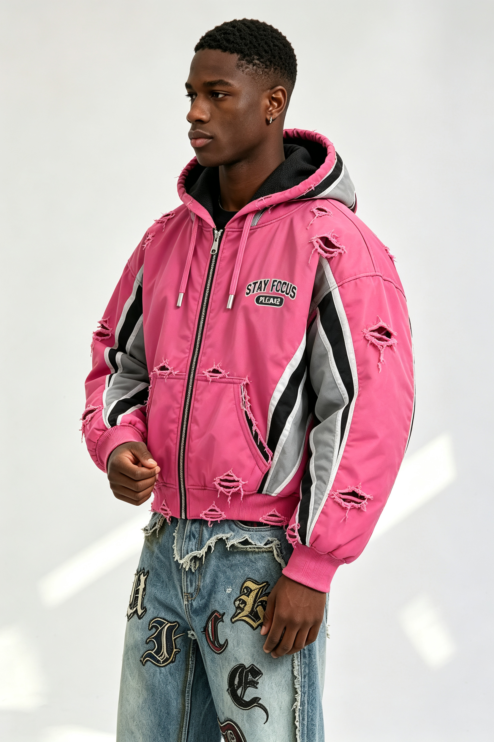 Custom Men Pink Color Block Destroyed Hooded Bomber Jacket, Frayed Ripped Streetwear Zip Up Cropped Padded Coat
