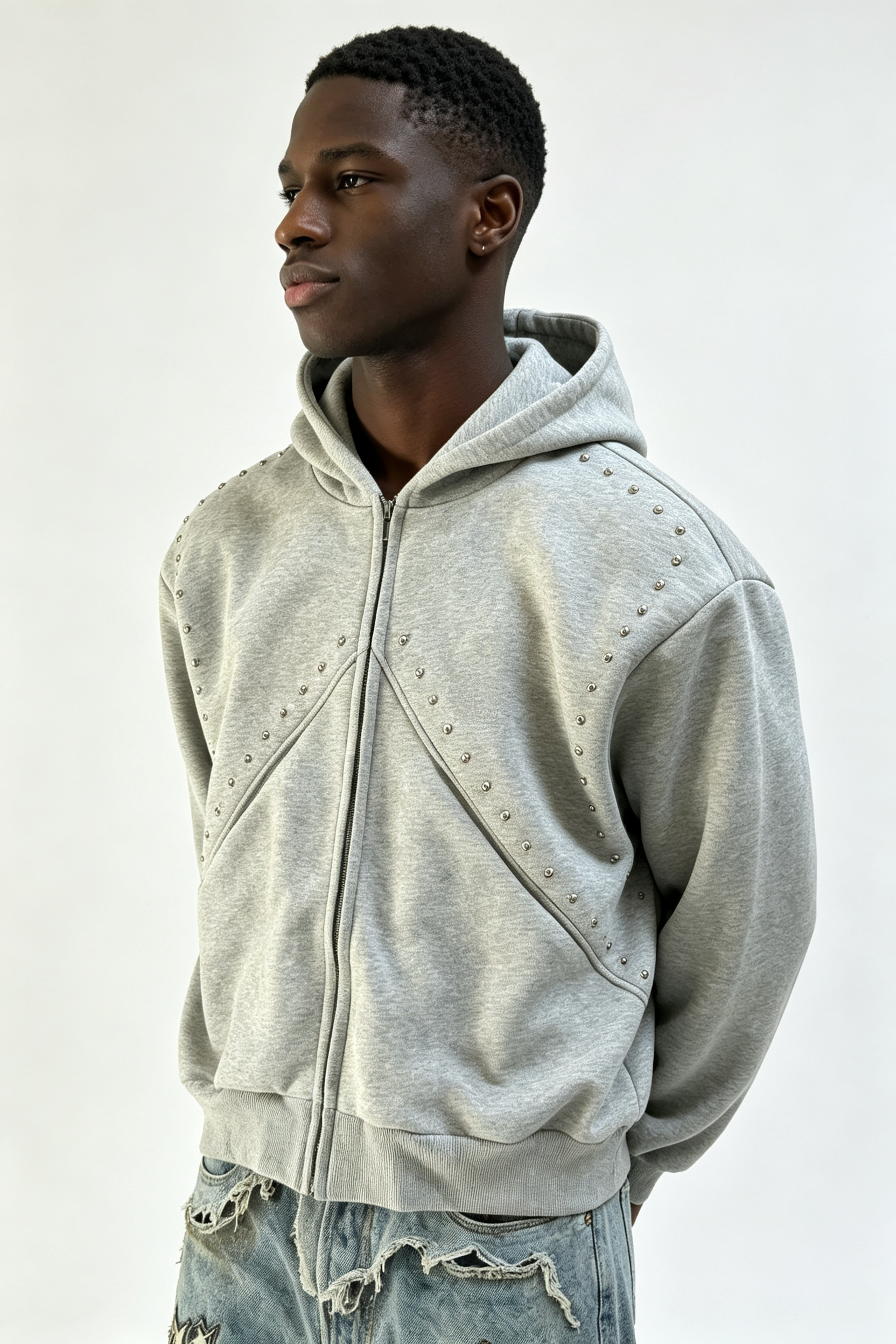 Custom Men Grey Studded Zip Up Hoodie, Metal Rivet Decor Heavy Fleece Cropped Oversized Streetwear Jacket