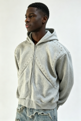Custom Men Grey Studded Zip Up Hoodie, Metal Rivet Decor Heavy Fleece Cropped Oversized Streetwear Jacket