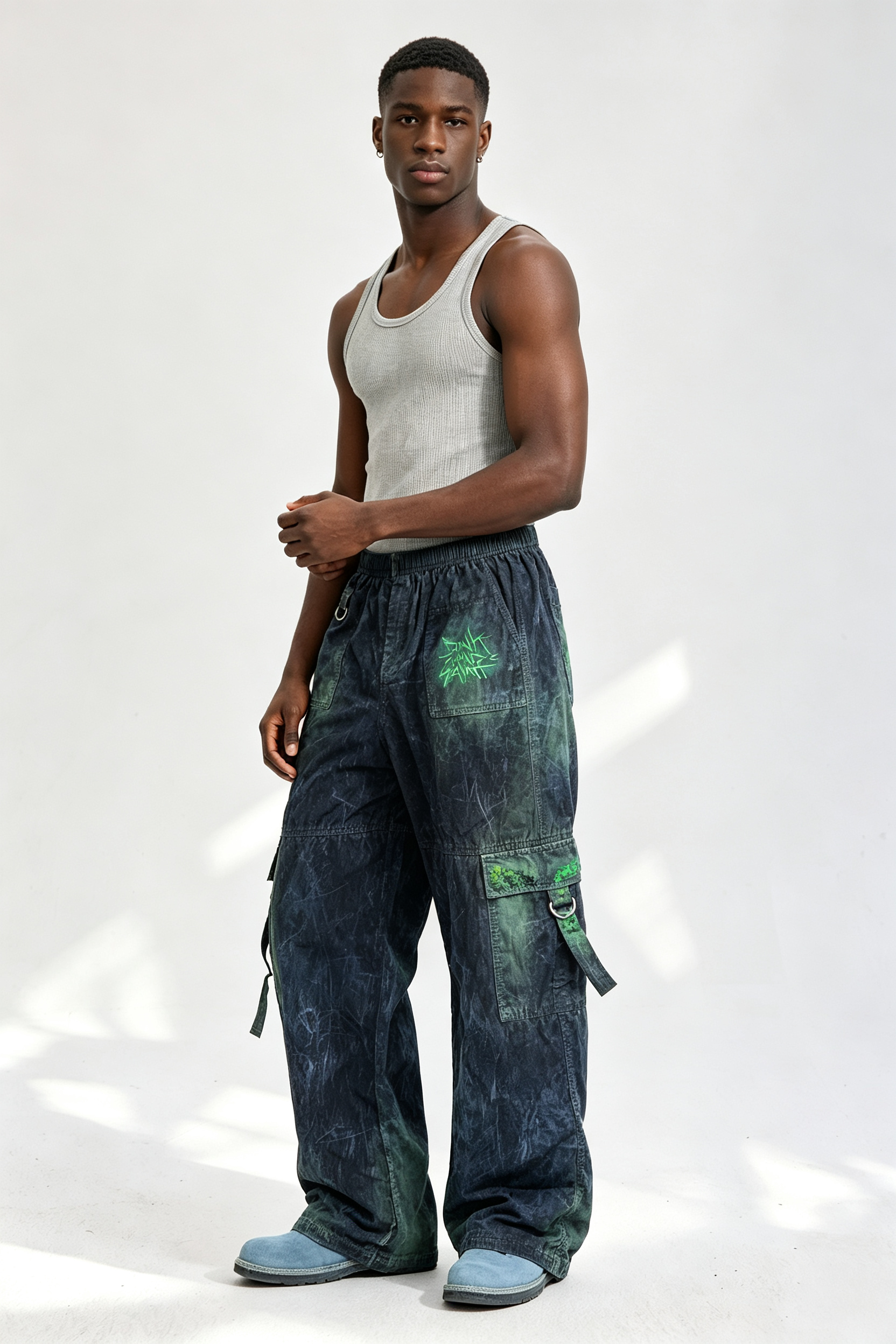 Custom Men Vintage Acid Wash Wide Leg Cargo Pants, Gradient Green Crinkle Fabric Multi-Pocket Streetwear Trousers