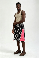 Custom Men Polka Dot Streetwear Shorts, Contrast Pink Cargo Panel Loose Fit Casual Shorts