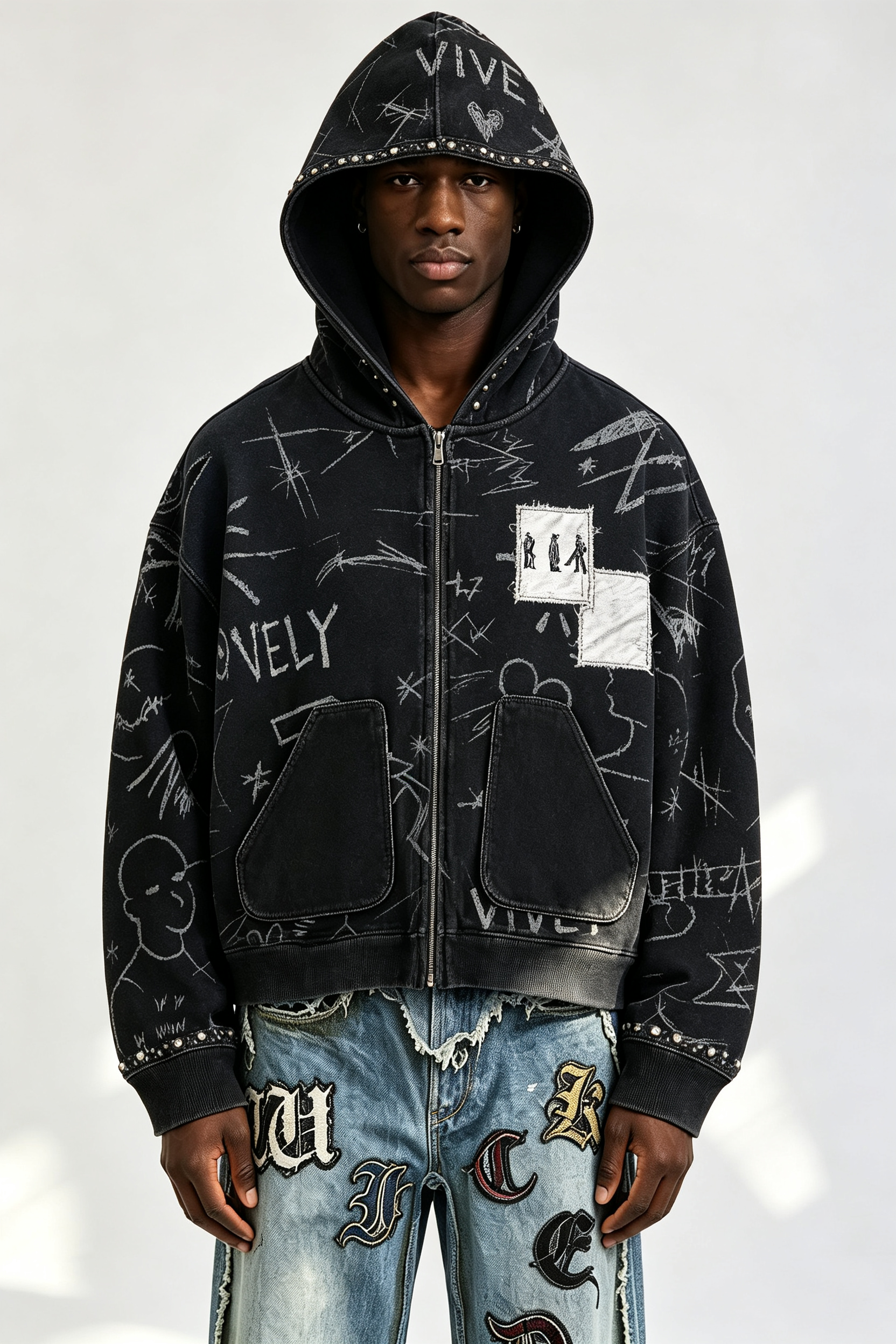 Custom Men Vintage Washed Sketch Print Zip Up Hoodie, Studded Patchwork Streetwear Full Zip Hooded Jacket
