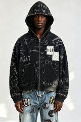 Custom Men Vintage Washed Sketch Print Zip Up Hoodie, Studded Patchwork Streetwear Full Zip Hooded Jacket