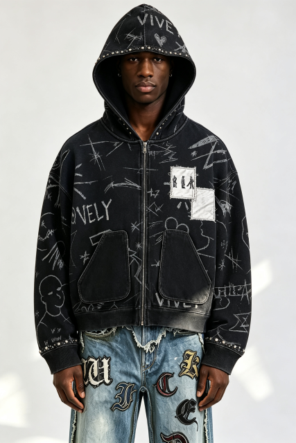 Custom Men Vintage Washed Sketch Print Zip Up Hoodie, Studded Patchwork Streetwear Full Zip Hooded Jacket