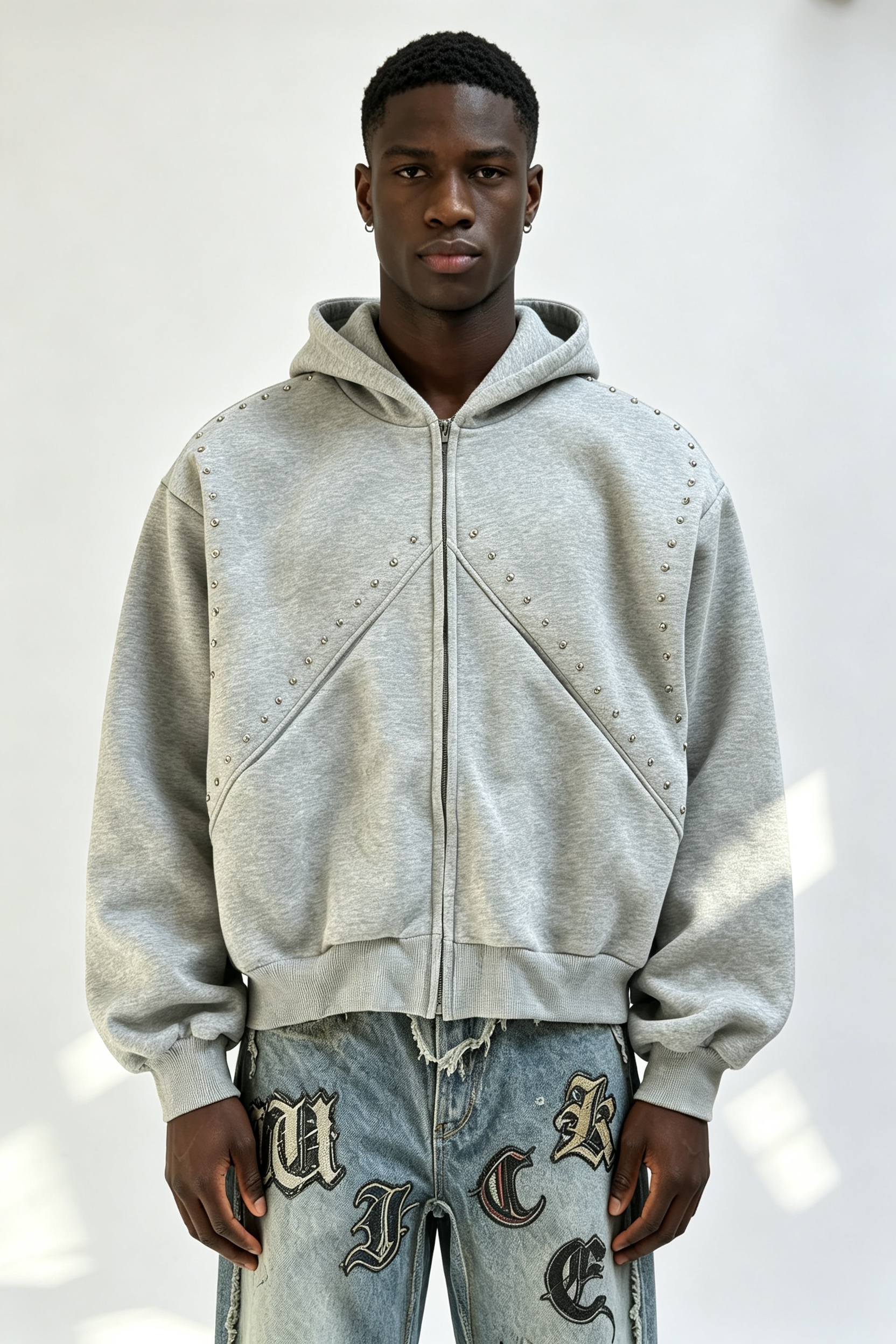 Custom Men Grey Studded Zip Up Hoodie, Metal Rivet Decor Heavy Fleece Cropped Oversized Streetwear Jacket