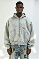 Custom Men Grey Studded Zip Up Hoodie, Metal Rivet Decor Heavy Fleece Cropped Oversized Streetwear Jacket