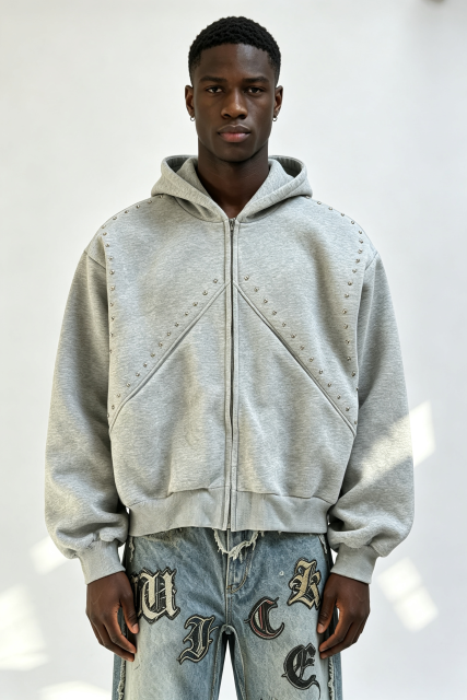 Custom Men Grey Studded Zip Up Hoodie, Metal Rivet Decor Heavy Fleece Cropped Oversized Streetwear Jacket