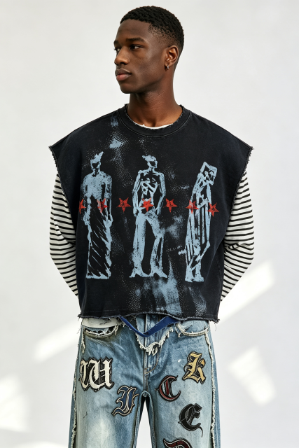 Custom Men Vintage Distressed Sleeveless Tank Top, Grunge Figure Print Raw Edge Cropped Streetwear Vest