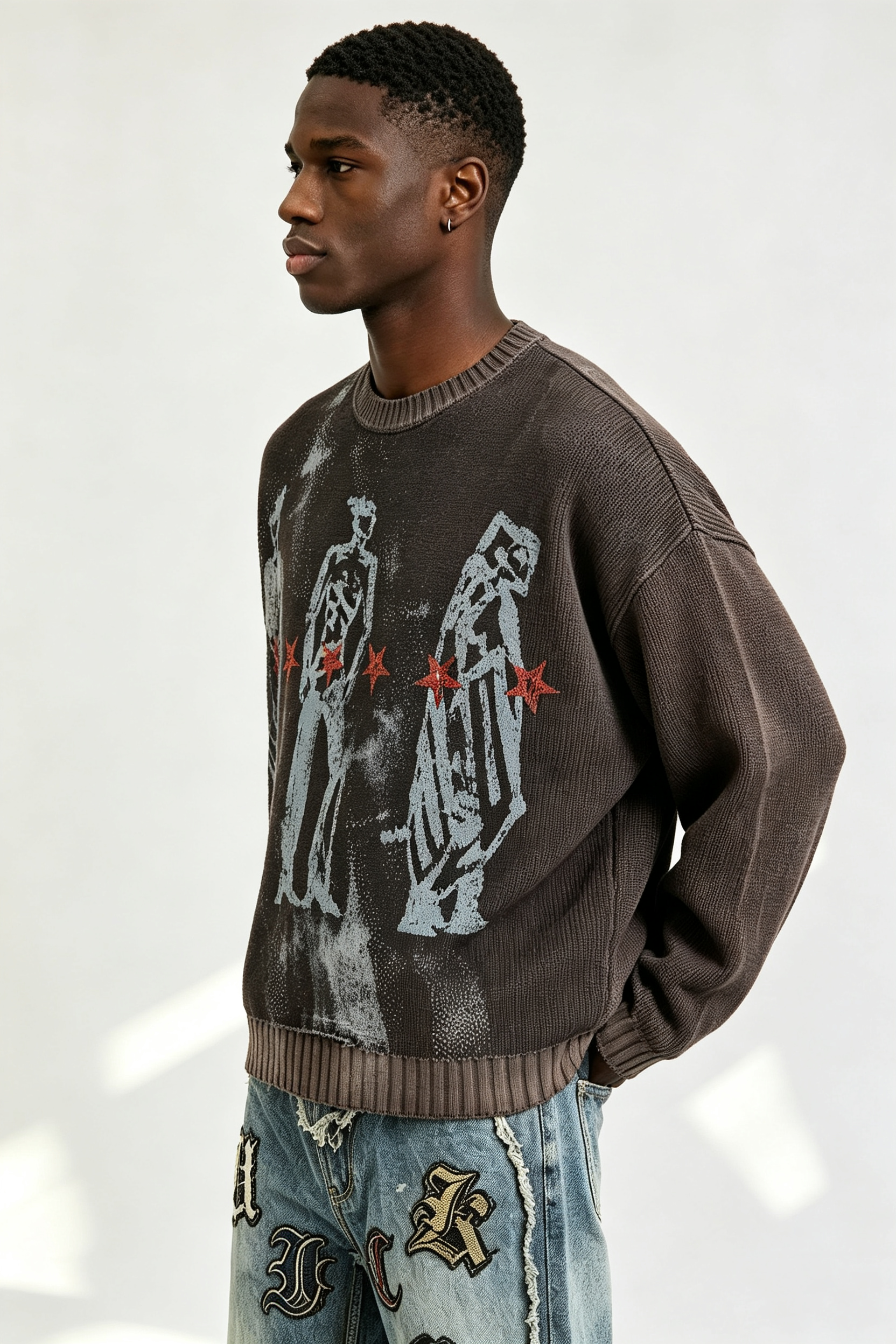 Custom Men Vintage Washed Crewneck Knit Sweater, Grunge Figure Print Distressed Streetwear Jumper