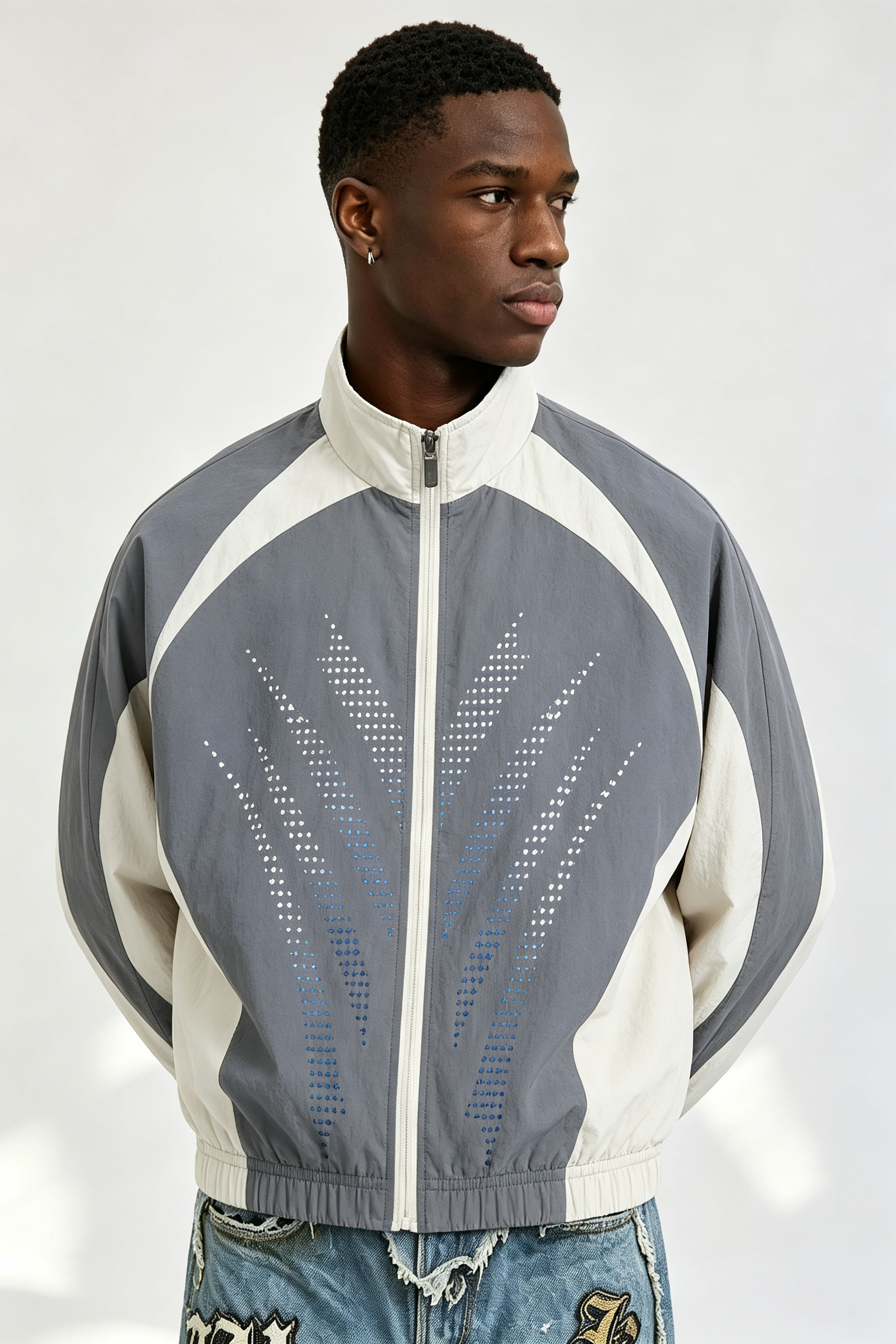 Custom Men Color Block Rhinestone Track Jacket, Stand Collar Zip Up Retro Streetwear Windbreaker