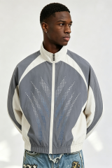 Custom Men Color Block Rhinestone Track Jacket, Stand Collar Zip Up Retro Streetwear Windbreaker