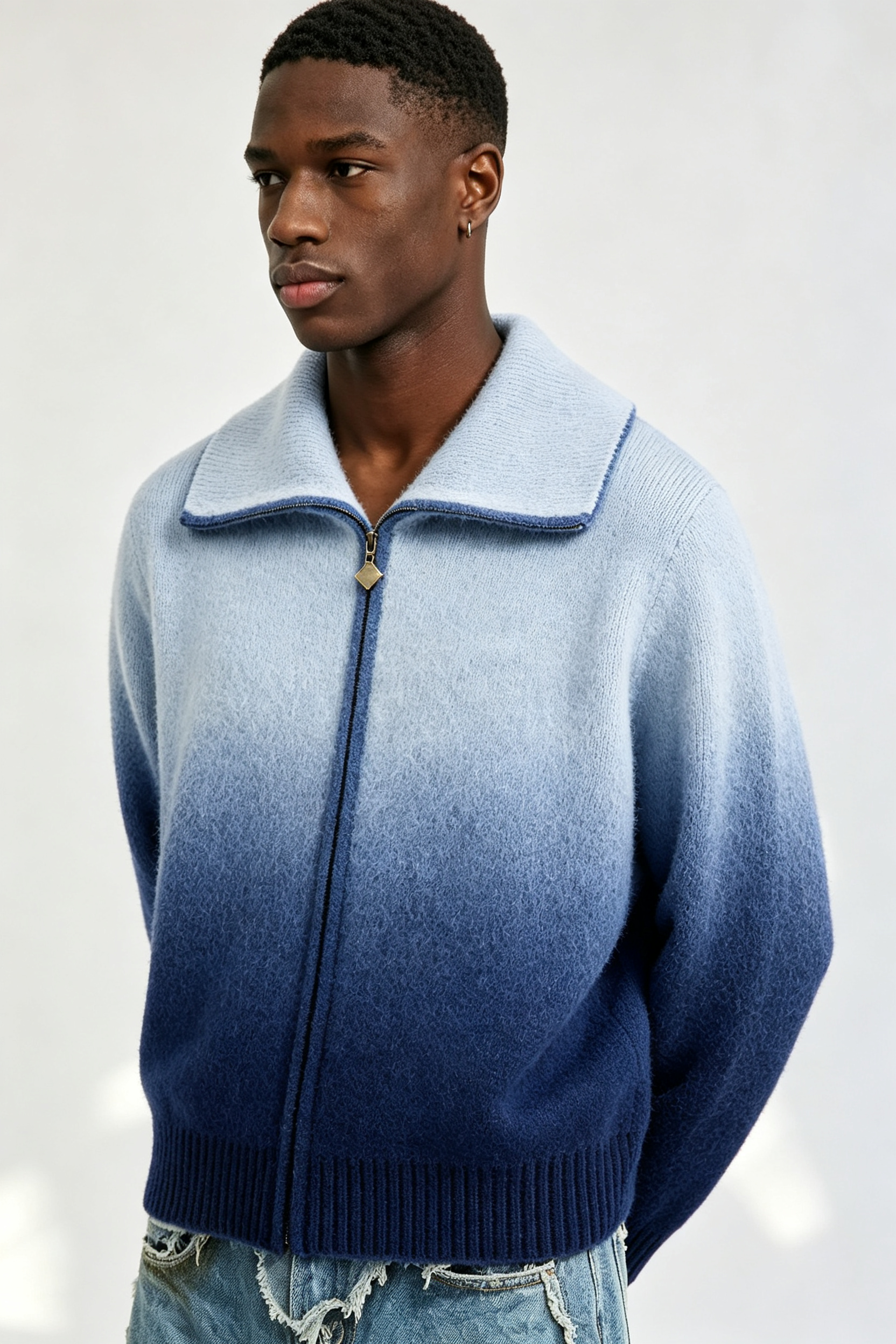 Custom Men Gradient Blue Zip Up Knit Cardigan, Lapel Collar Boxy Streetwear Sweater Jacket