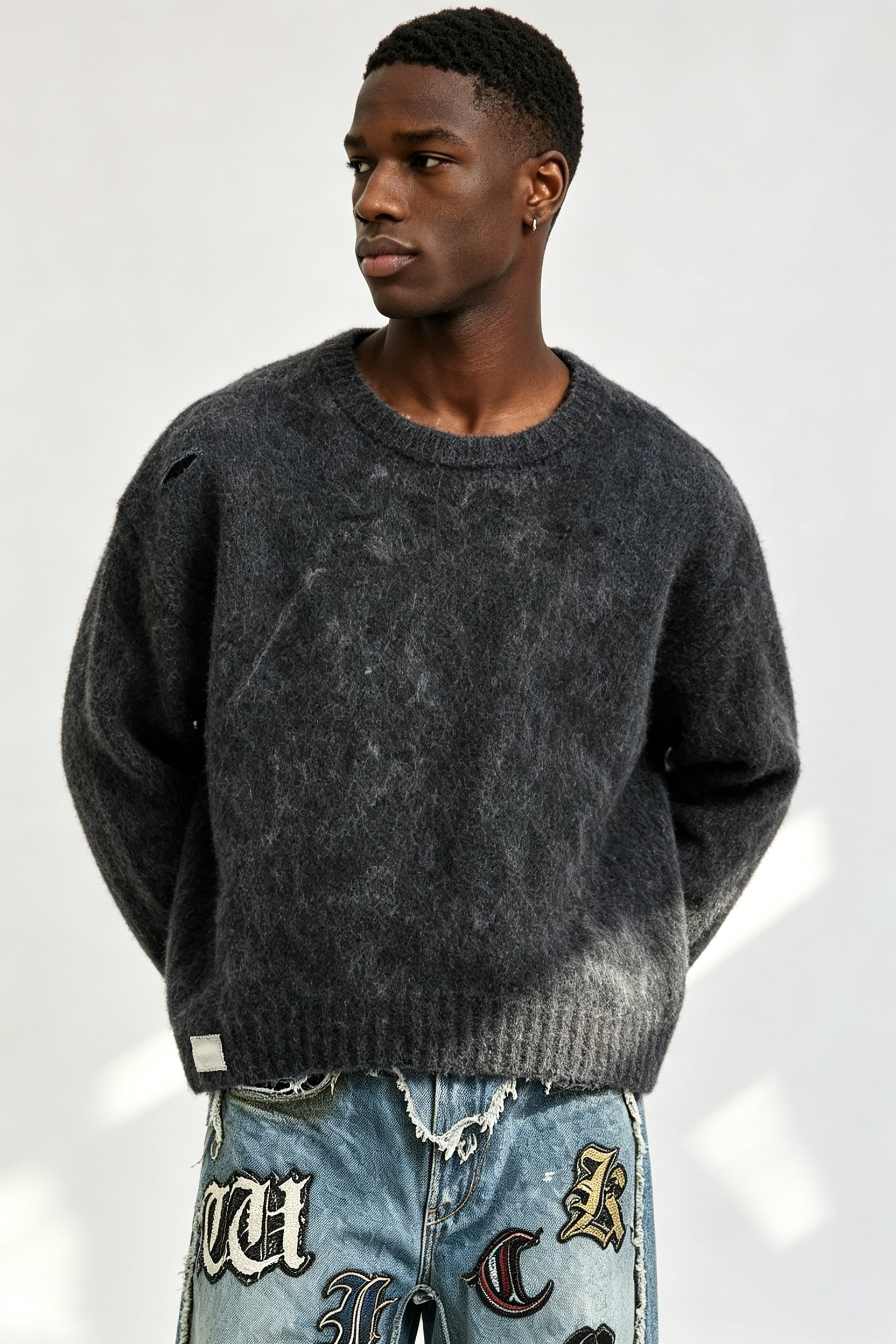 Custom Men Distressed Fuzzy Knit Crewneck Sweater, Vintage Washed Boxy Streetwear Pullover