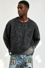 Custom Men Distressed Fuzzy Knit Crewneck Sweater, Vintage Washed Boxy Streetwear Pullover