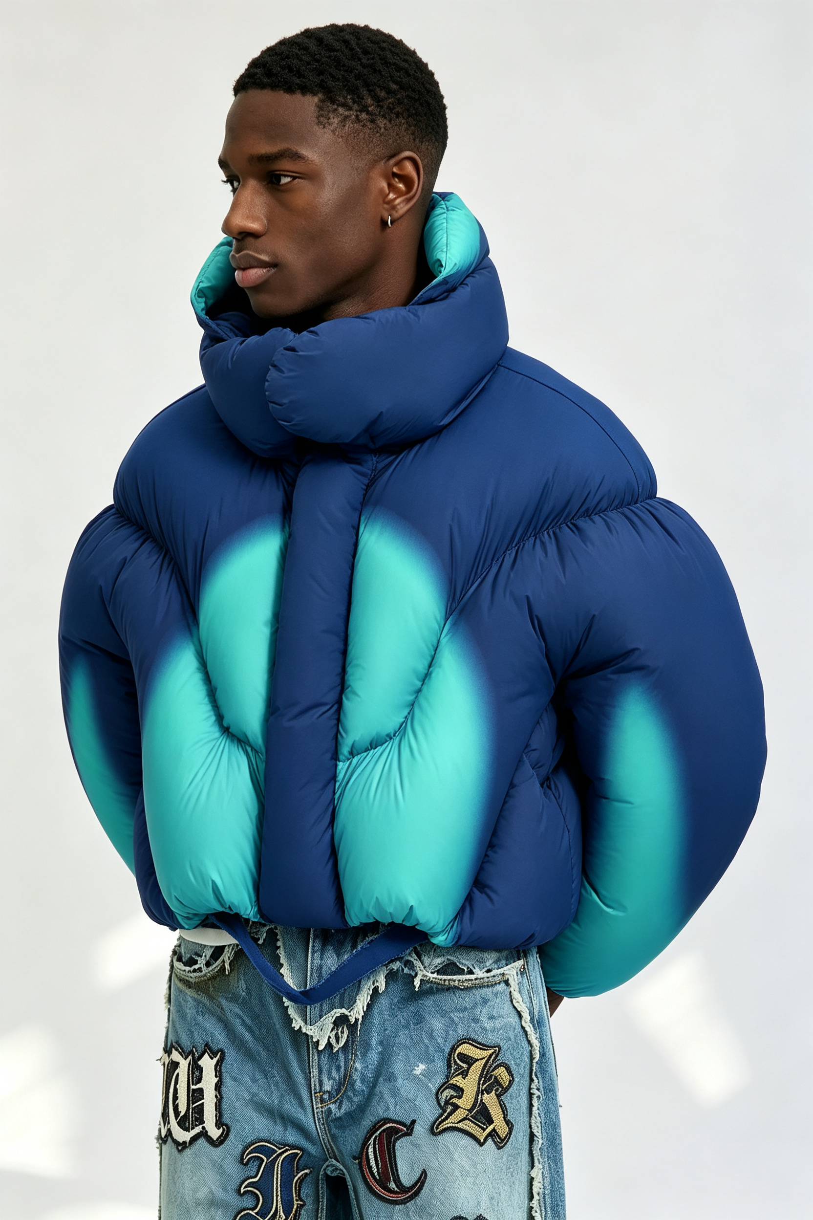 Custom Men Gradient Spray Paint Cropped Puffer Jacket, High Collar Oversized Streetwear Bubble Coat