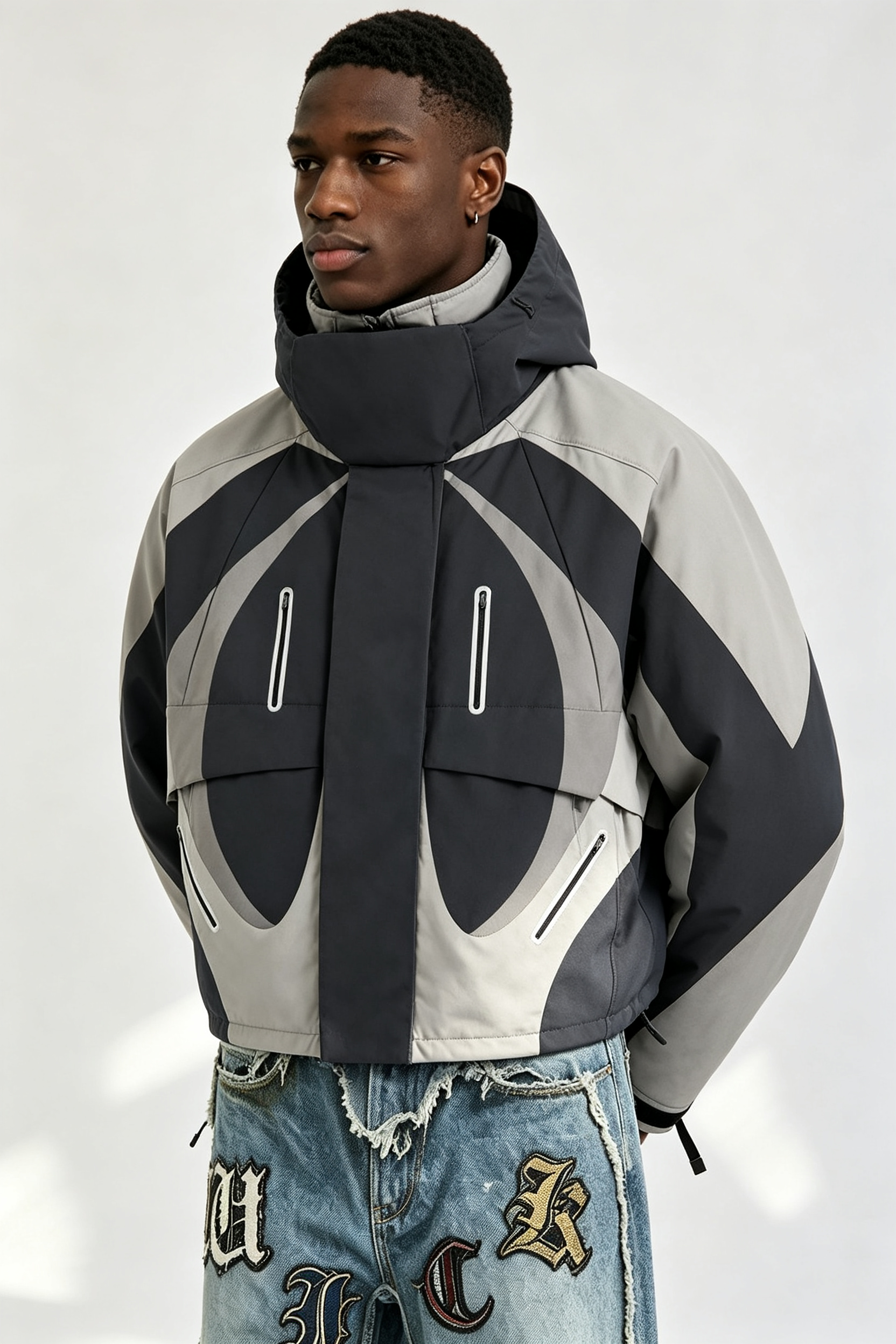 Custom Men Geometric Color Block Hooded Techwear Jacket, Cropped Outdoor Streetwear Windbreaker