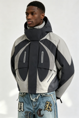 Custom Men Geometric Color Block Hooded Techwear Jacket, Cropped Outdoor Streetwear Windbreaker