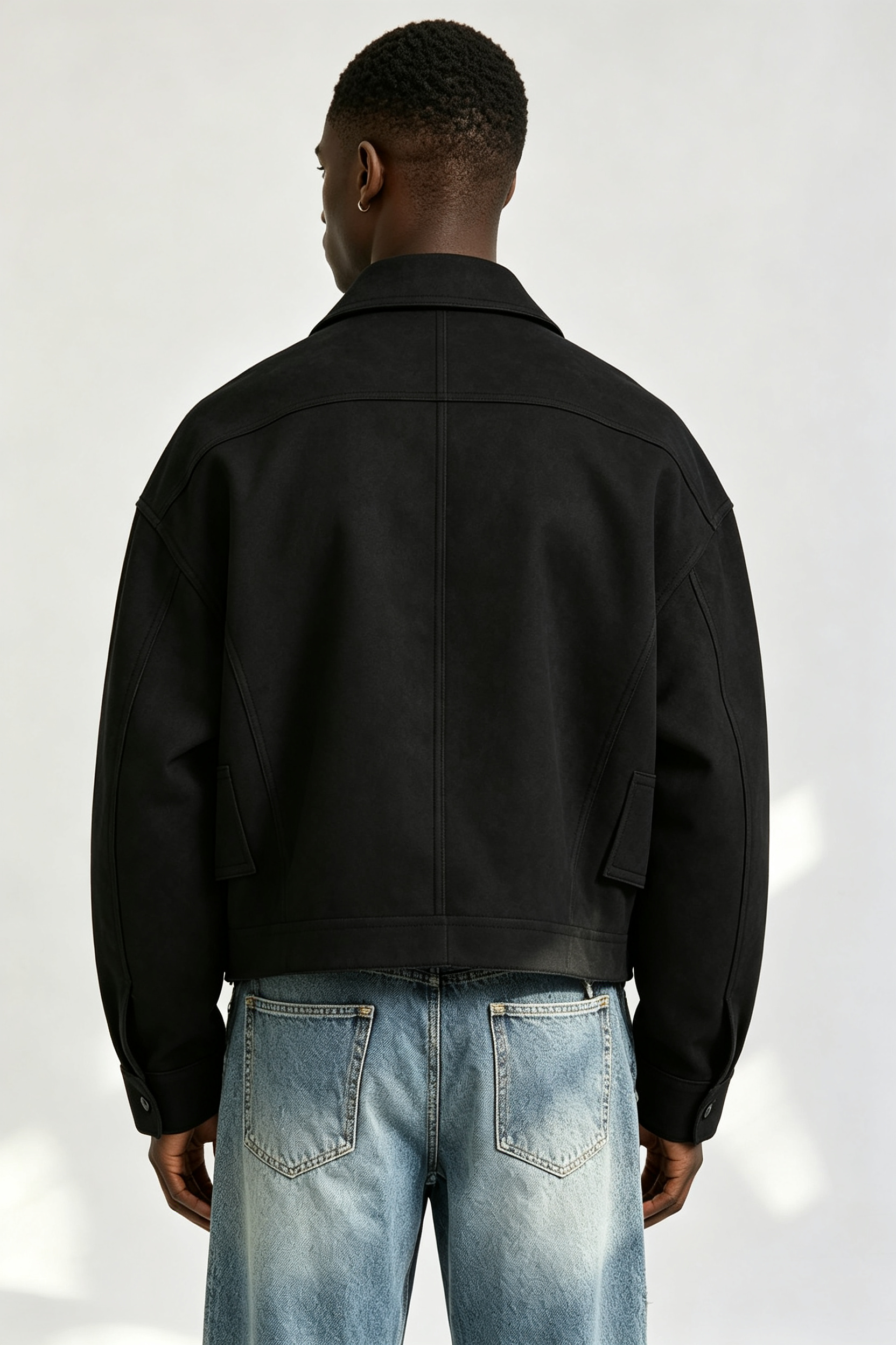 Custom Men Black Multi-Pocket Utility Cargo Jacket, Lapel Collar Cropped Streetwear Suede Jacket