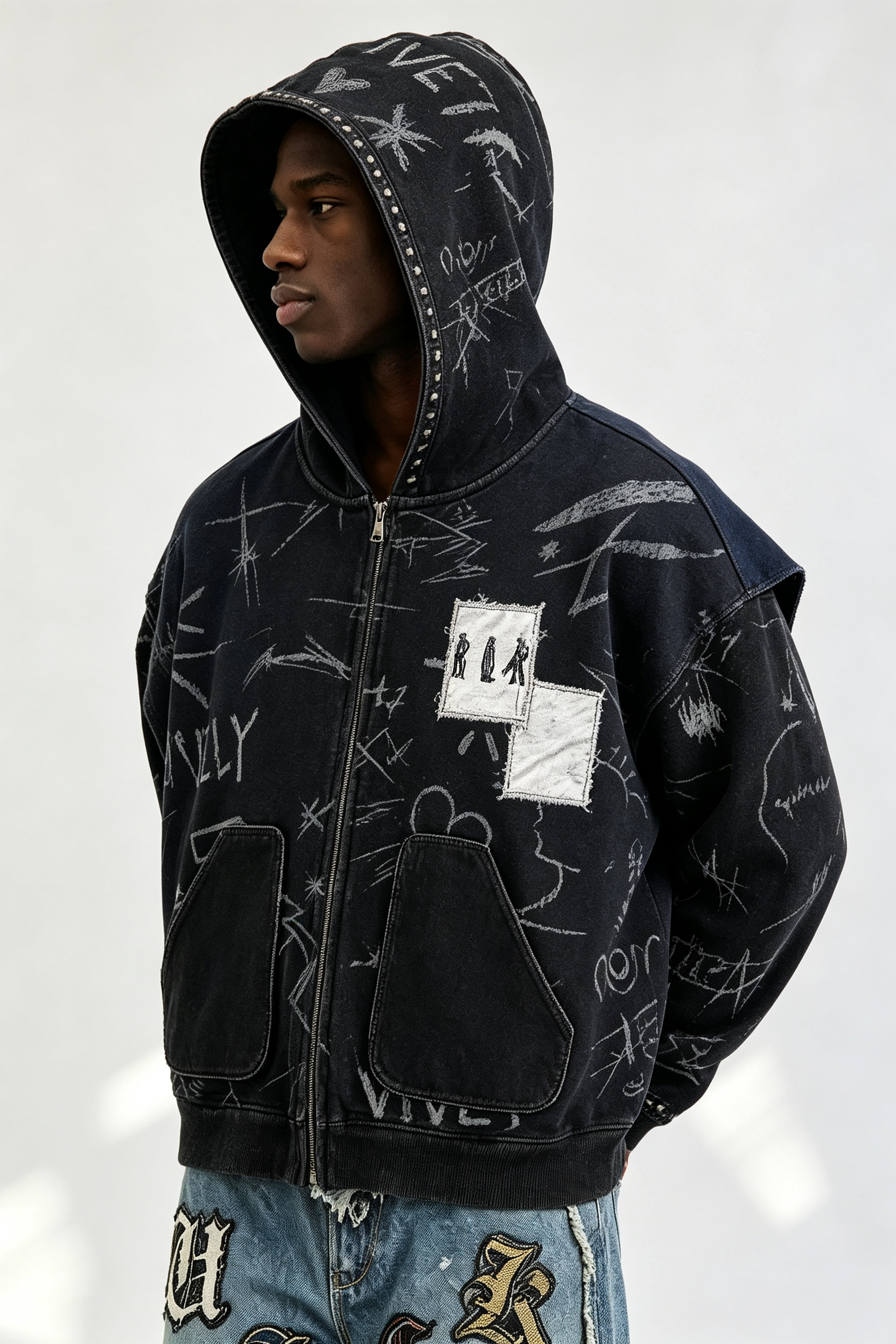 Custom Men Vintage Washed Sketch Print Zip Up Hoodie, Studded Patchwork Streetwear Full Zip Hooded Jacket