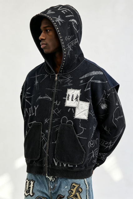 Custom Men Vintage Washed Sketch Print Zip Up Hoodie, Studded Patchwork Streetwear Full Zip Hooded Jacket