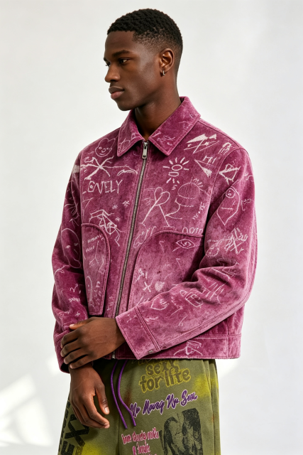 Custom Men Purple Velvet Graffiti Sketch Zip Jacket, Lapel Collar Cropped Streetwear Velour Coat