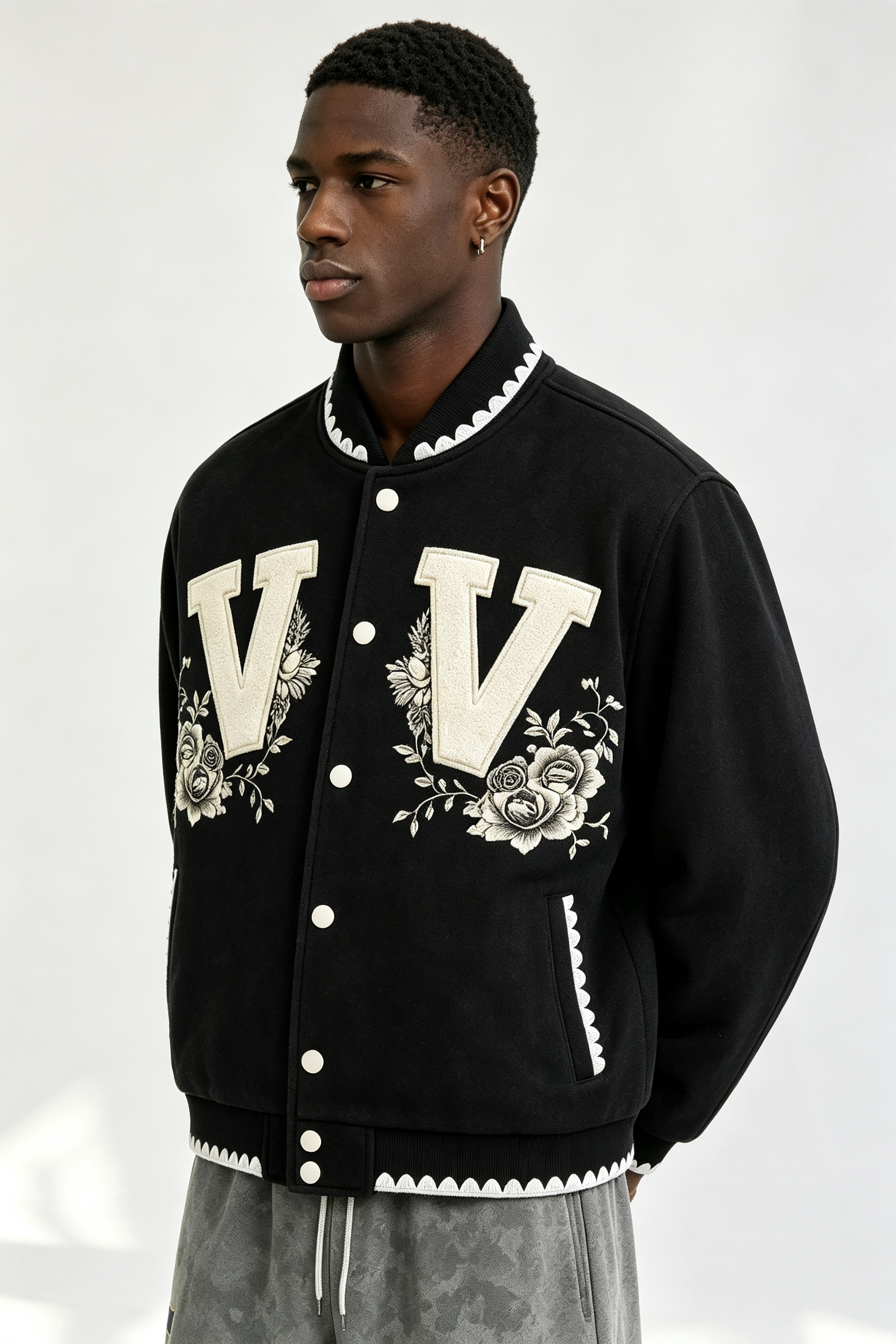 Custom Men Floral Letter Applique Varsity Jacket, Black Wool Blend Streetwear Baseball Coat