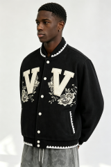 Custom Men Floral Letter Applique Varsity Jacket, Black Wool Blend Streetwear Baseball Coat