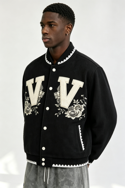 Custom Men Floral Letter Applique Varsity Jacket, Black Wool Blend Streetwear Baseball Coat