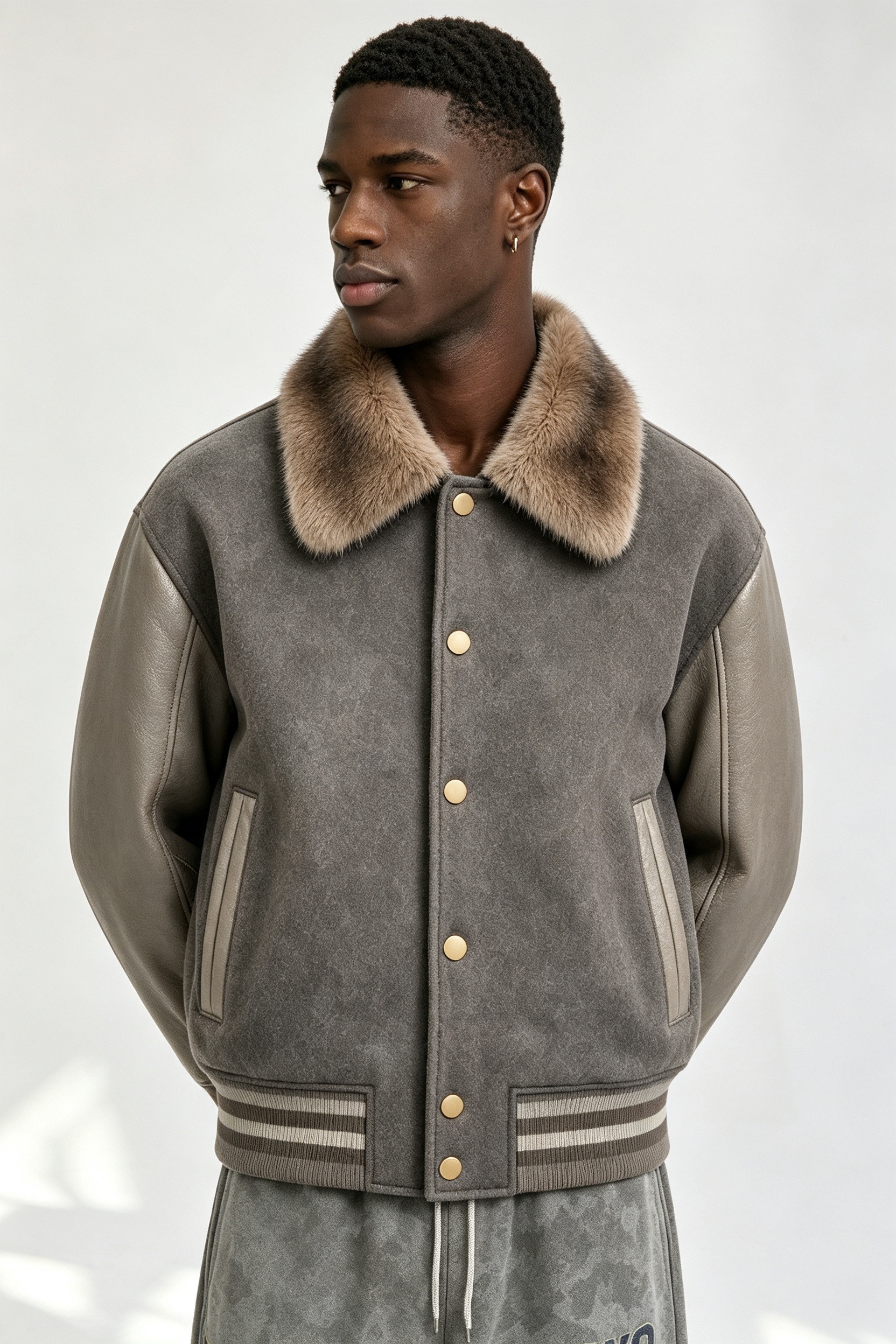 Custom Men Fur Collar Wool Blend Varsity Jacket, Leather Sleeve Vintage Streetwear Baseball Coat
