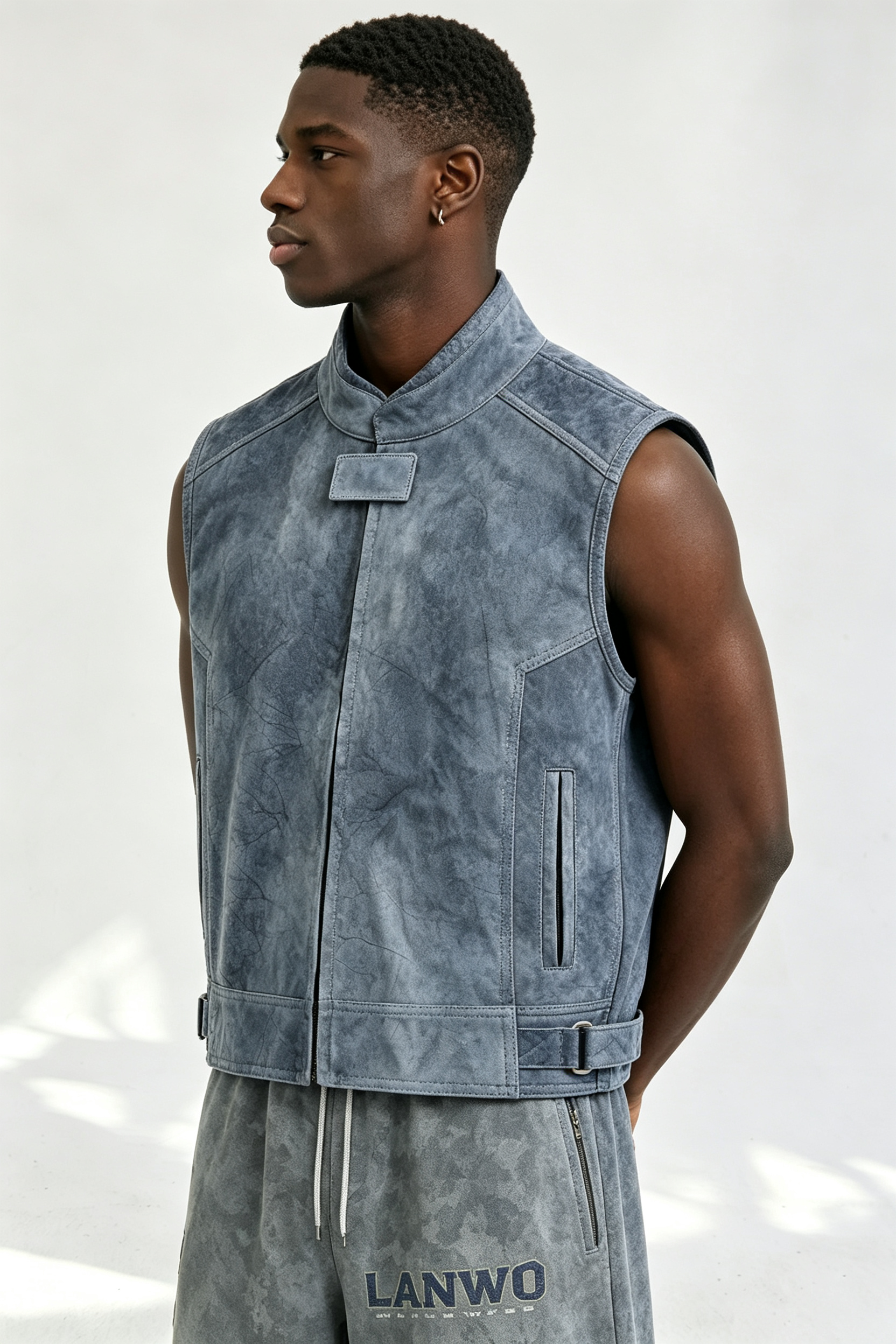 Custom Men Vintage Washed Faux Leather Vest, Stand Collar Sleeveless Streetwear Moto Waistcoat