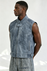 Custom Men Vintage Washed Faux Leather Vest, Stand Collar Sleeveless Streetwear Moto Waistcoat
