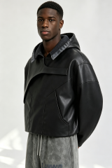 Custom Men Asymmetric Panel Faux Leather Hoodie, Cropped Black Streetwear PU Hooded Jacket