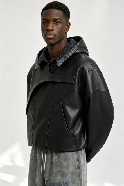 Custom Men Asymmetric Panel Faux Leather Hoodie, Cropped Black Streetwear PU Hooded Jacket