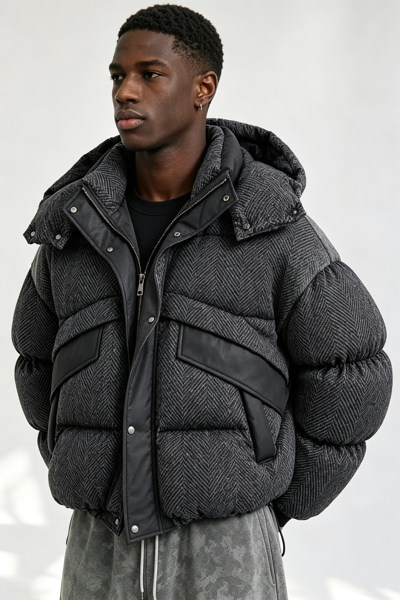 Custom Men Herringbone Hooded Puffer Jacket, Mixed Fabric Quilted Winter Streetwear Coat