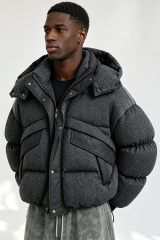Custom Men Herringbone Hooded Puffer Jacket, Mixed Fabric Quilted Winter Streetwear Coat