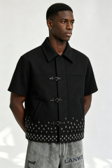 Custom Men Buckle Fasten Short Sleeve Jacket, Black Geometric Embroidery Streetwear Cropped Shirt Coat