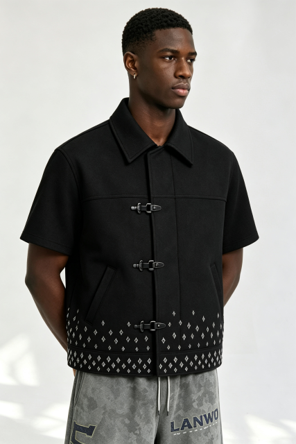 Custom Men Buckle Fasten Short Sleeve Jacket, Black Geometric Embroidery Streetwear Cropped Shirt Coat