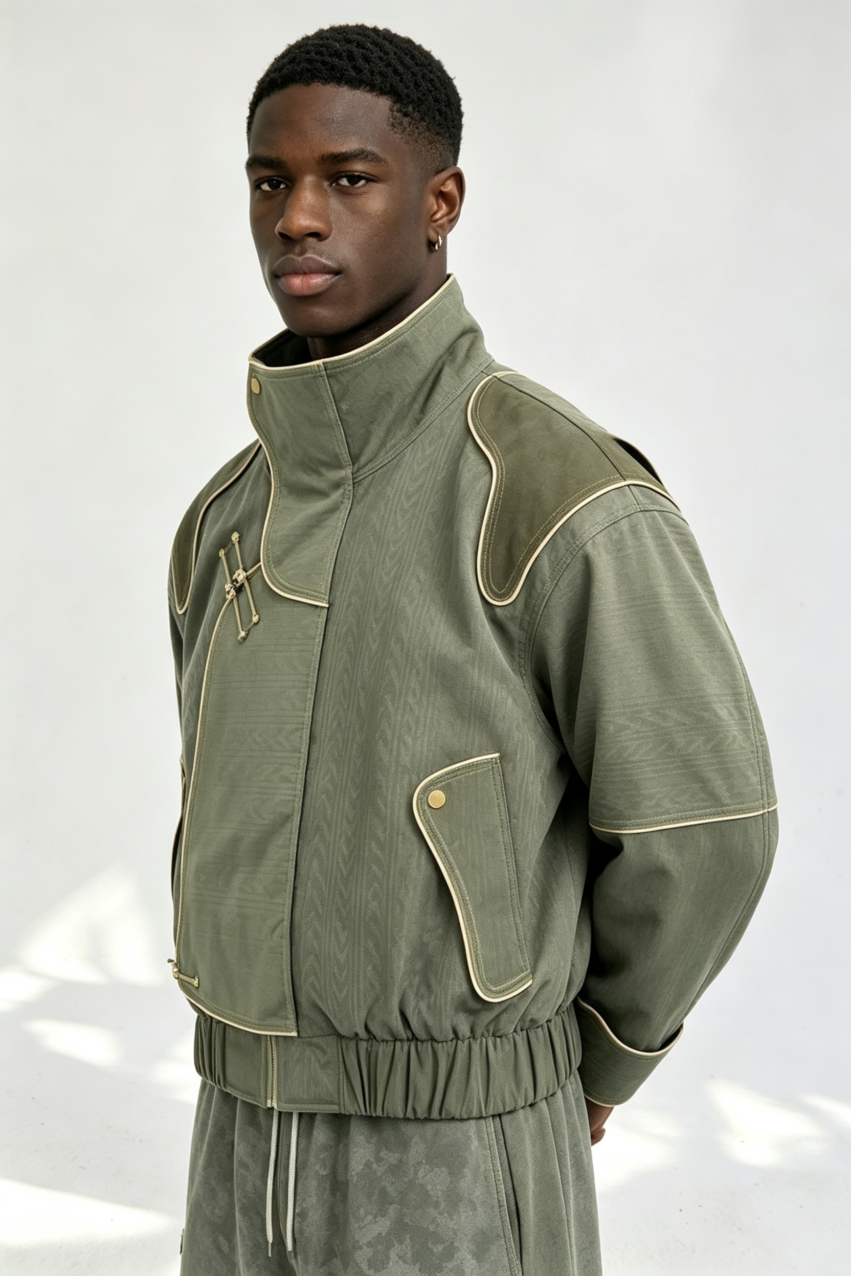 Custom Men Chinese Frog Button Stand Collar Jacket, Flame Print Sleeve Retro Streetwear Oversized Bomber