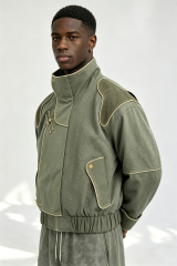 Custom Men Chinese Frog Button Stand Collar Jacket, Flame Print Sleeve Retro Streetwear Oversized Bomber