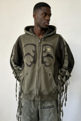 Custom Men Patchwork Fringe Zip Up Hoodie, Distressed Camo Splicing Streetwear Oversized Hooded Jacket