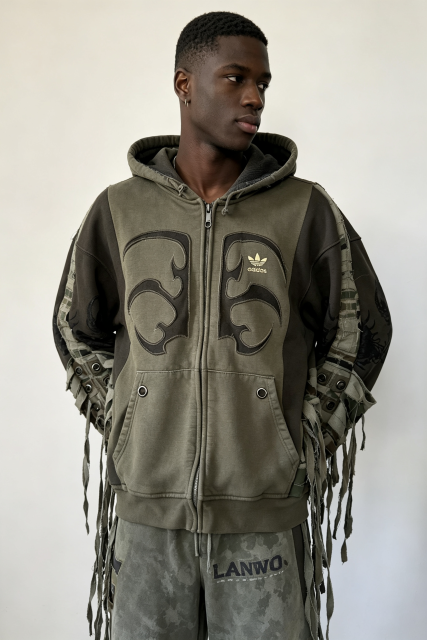 Custom Men Patchwork Fringe Zip Up Hoodie, Distressed Camo Splicing Streetwear Oversized Hooded Jacket