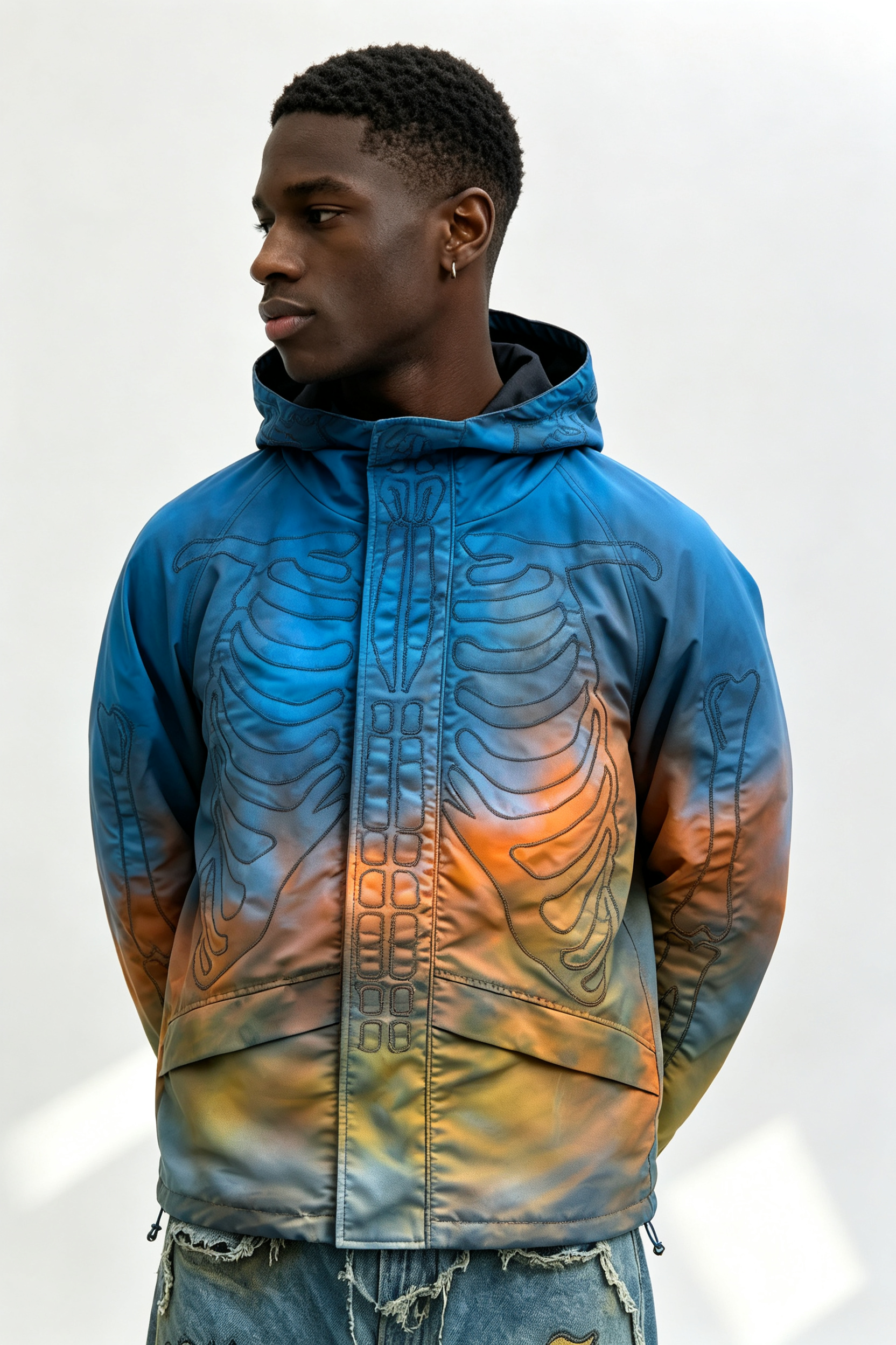 Custom Men Gradient Skeleton Embroidery Hooded Jacket, Tie Dye Skull Bones Streetwear Oversized Windbreaker