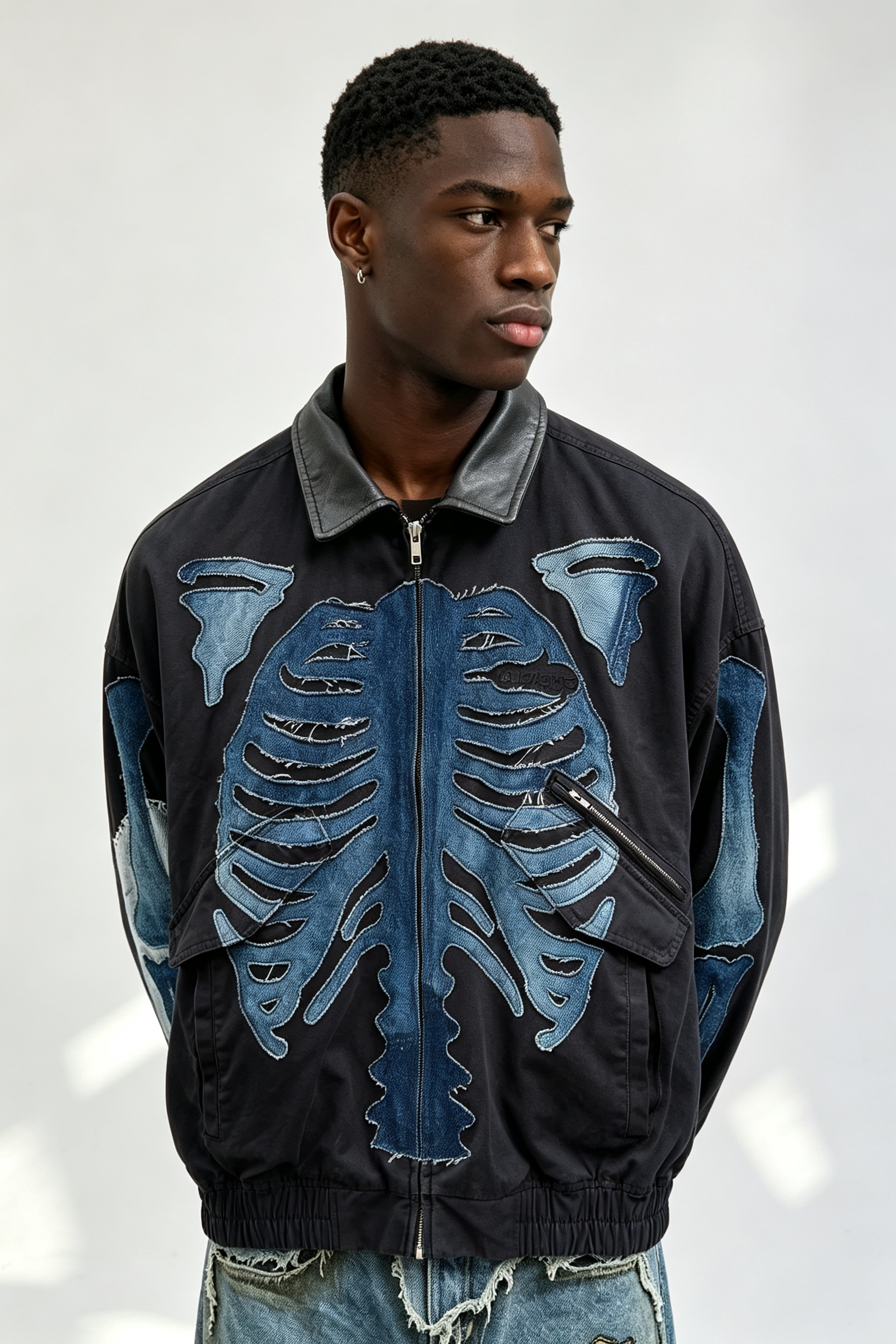 Custom Men Skeleton Denim Patch Bomber Jacket, Leather Collar Raw Edge Bone Applique Streetwear Oversized Jacket