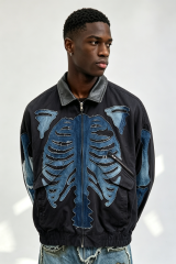 Custom Men Skeleton Denim Patch Bomber Jacket, Leather Collar Raw Edge Bone Applique Streetwear Oversized Jacket