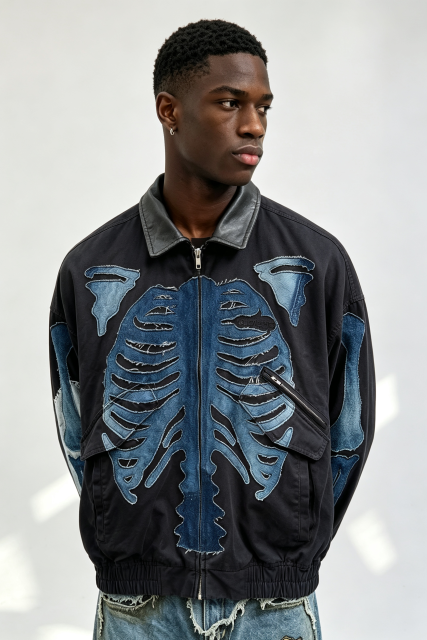 Custom Men Skeleton Denim Patch Bomber Jacket, Leather Collar Raw Edge Bone Applique Streetwear Oversized Jacket