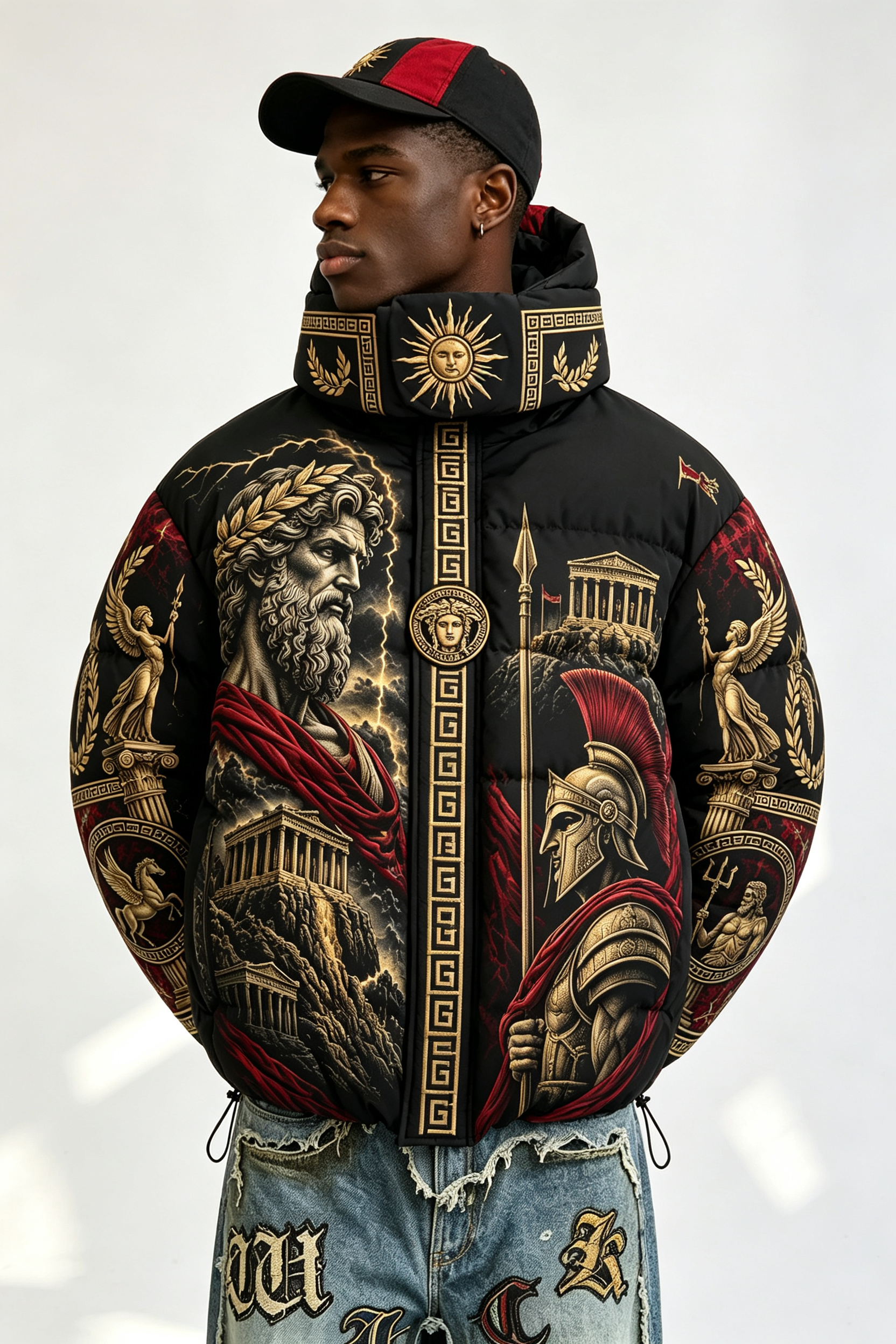Custom Men Greek Mythology Print Hooded Puffer Jacket, Ancient Roman God Graphic Oversized Winter Padded Coat