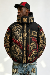Custom Men Greek Mythology Print Hooded Puffer Jacket, Ancient Roman God Graphic Oversized Winter Padded Coat
