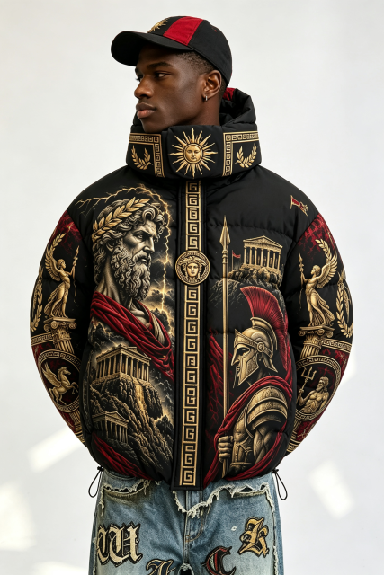 Custom Men Greek Mythology Print Hooded Puffer Jacket, Ancient Roman God Graphic Oversized Winter Padded Coat