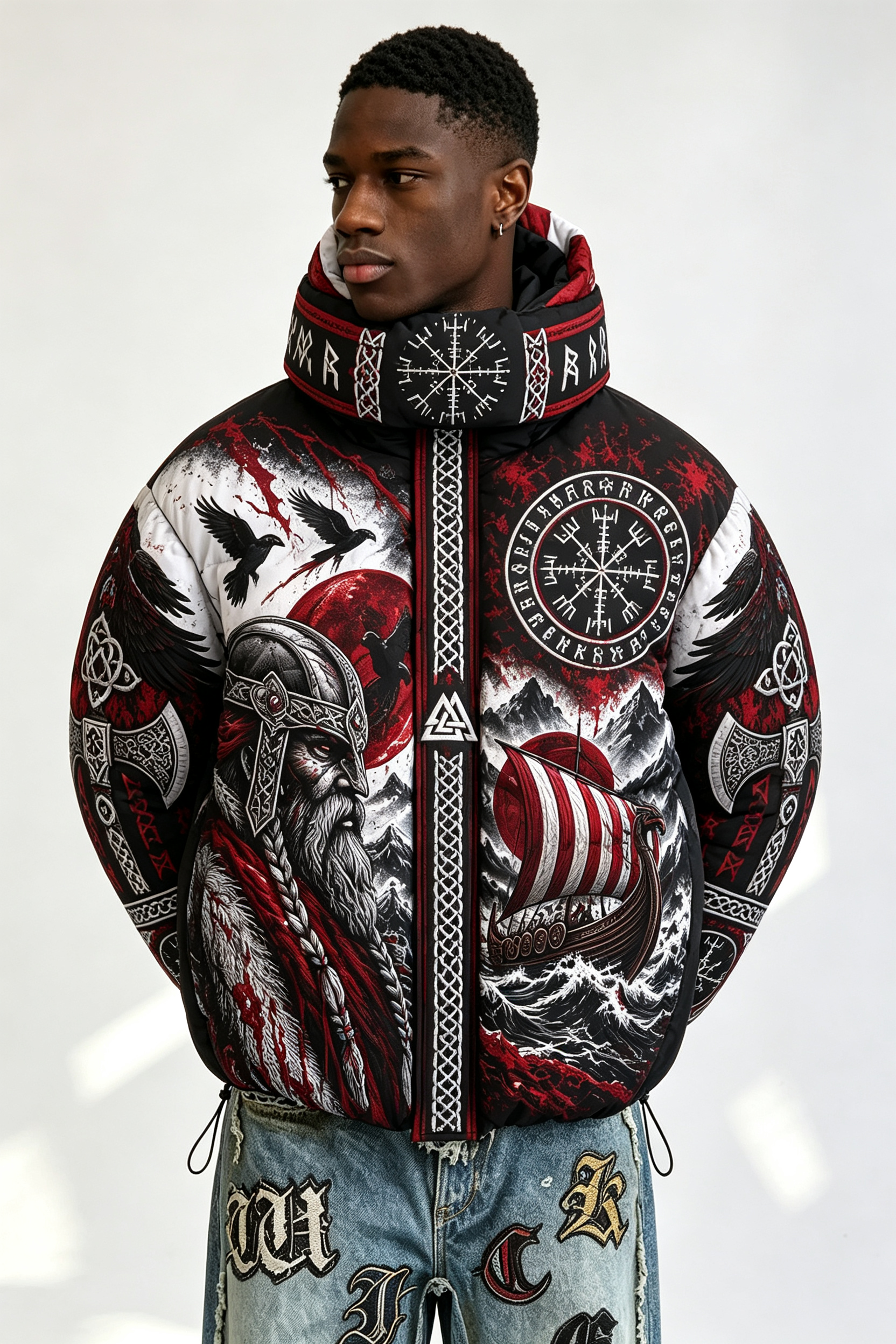 Custom Men Viking Norse Graphic Hooded Puffer Jacket, Rune Compass Print Winter Streetwear Oversized Padded Coat