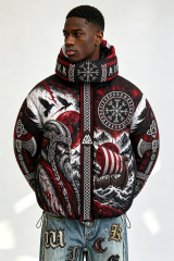 Custom Men Viking Norse Graphic Hooded Puffer Jacket, Rune Compass Print Winter Streetwear Oversized Padded Coat